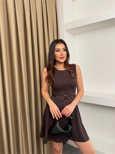 Modal Kumaş Kolsuz Kemerli Elbise Kahve