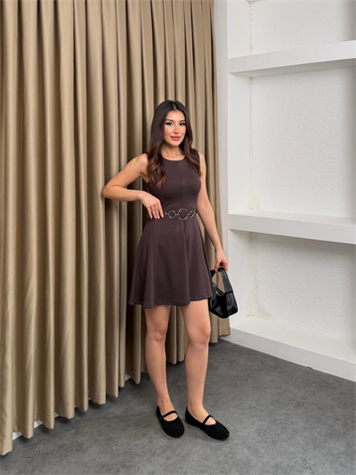 Modal Kumaş Kolsuz Kemerli Elbise Kahve