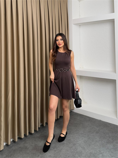 Modal Kumaş Kolsuz Kemerli Elbise Kahve