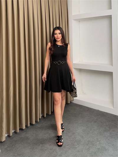 Modal Kumaş Kolsuz Kemerli Elbise Siyah