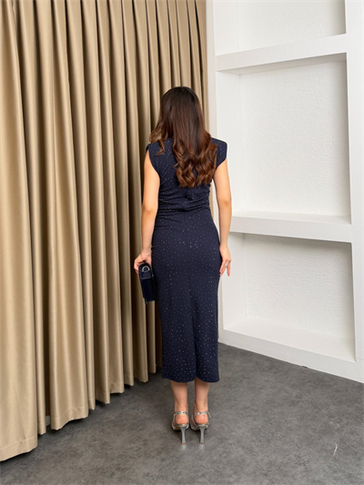 Omuz Vatkalı Drapeli Taş Detaylı Elbise Lacivert