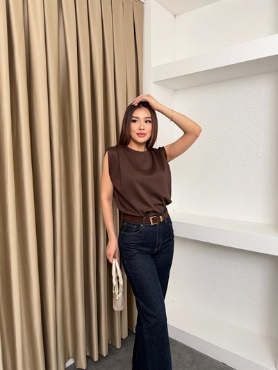 Omuz Vatkalı Modal Kumaş Tişört Kahve
