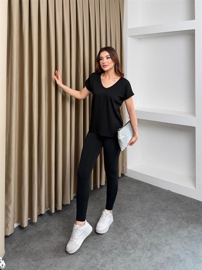 Ön Arka V Yaka Modal Kumaş Tişört Siyah