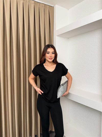 Ön Arka V Yaka Modal Kumaş Tişört Siyah