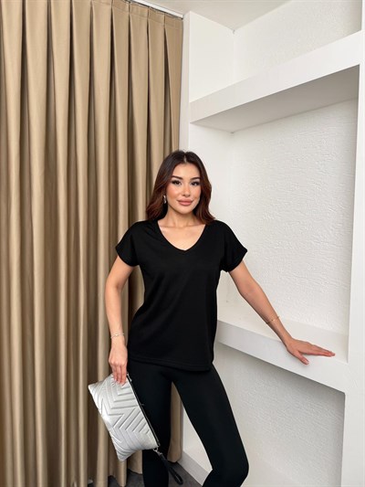 Ön Arka V Yaka Modal Kumaş Tişört Siyah