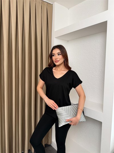 Ön Arka V Yaka Modal Kumaş Tişört Siyah