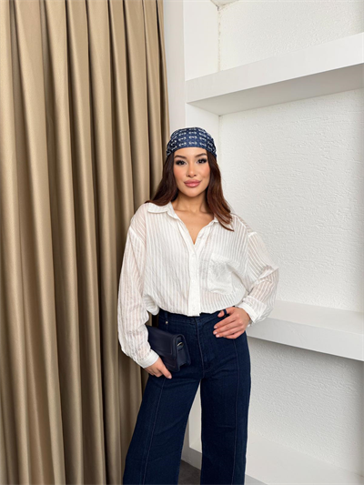 Oversize Cep Detaylı Çizgili Gömlek Beyaz