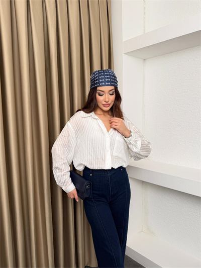 Oversize Cep Detaylı Çizgili Gömlek Beyaz