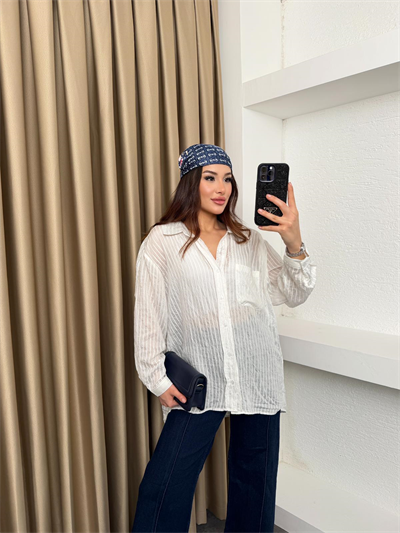 Oversize Cep Detaylı Çizgili Gömlek Beyaz
