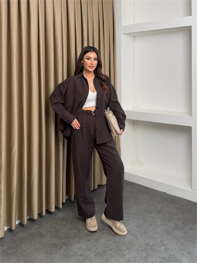 Oversize Gömlek Ve Tesla Kemerli Pantolon Kahve
