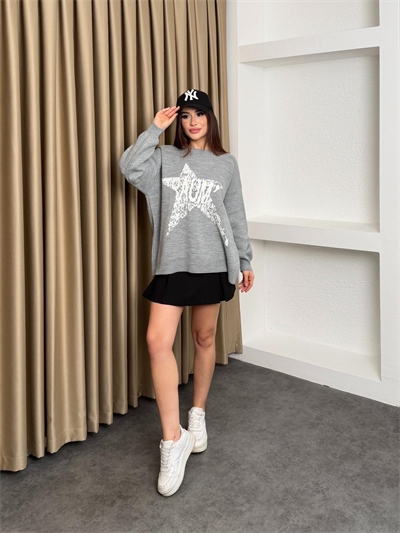 Oversize Yıldız Desen Kazak Gri