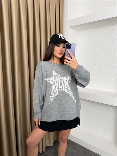 Oversize Yıldız Desen Kazak Gri