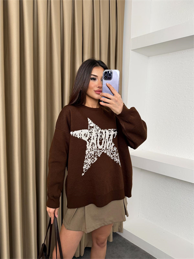 Oversize Yıldız Desen Kazak Kahve