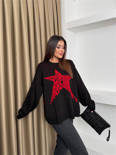 Oversize Yıldız Desen Kazak Siyah