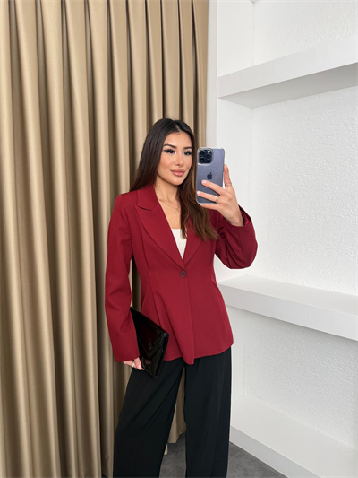 Pileli Tek Düğmeli Blazer Ceket Kırmızı