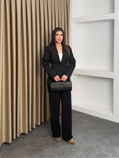 Pileli Tek Düğmeli Blazer Ceket Siyah