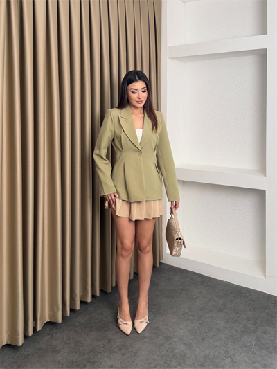 Pileli Tek Düğmeli Blazer Ceket Yeşil