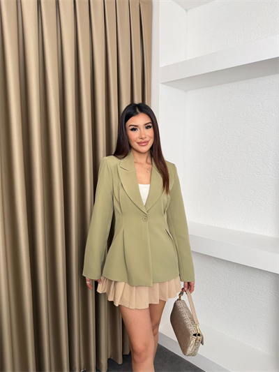 Pileli Tek Düğmeli Blazer Ceket Yeşil