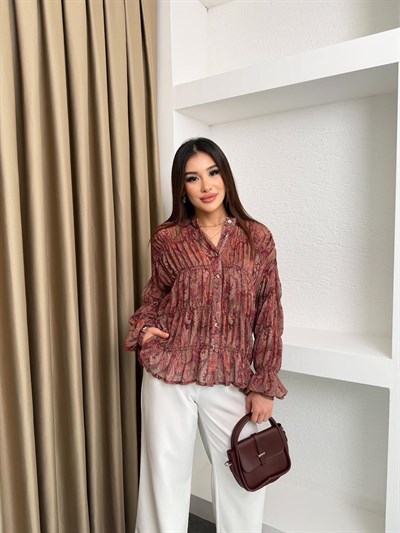 Şal Desenli Şifon Gömlek Bordo