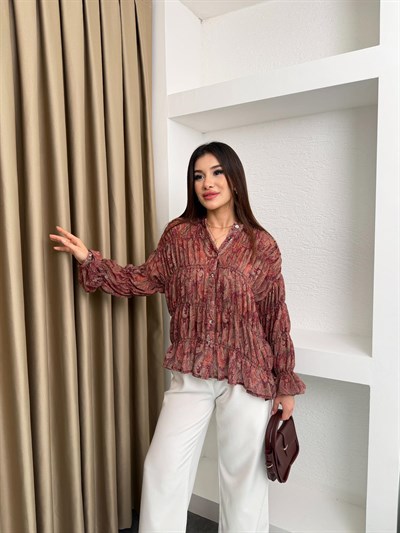 Şal Desenli Şifon Gömlek Bordo