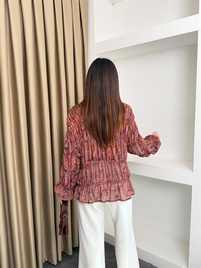 Şal Desenli Şifon Gömlek Bordo