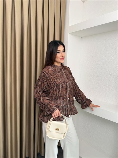 Şal Desenli Şifon Gömlek Kahve