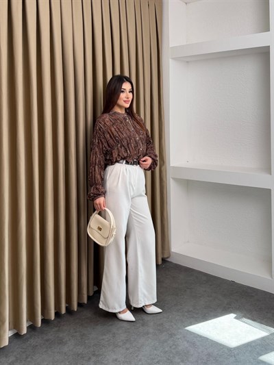 Şal Desenli Şifon Gömlek Kahve