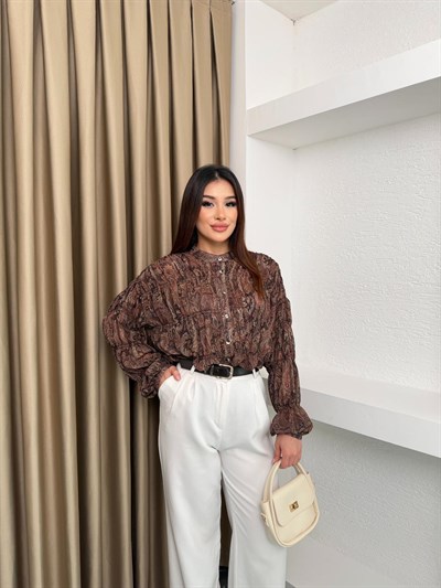 Şal Desenli Şifon Gömlek Kahve