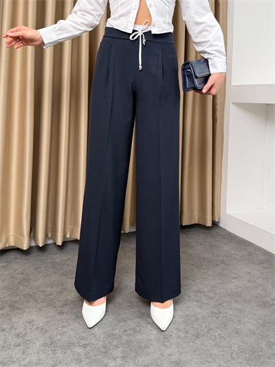 Saten Garnili Yandan Fermuarlı Kumaş Pantalon Lacivert