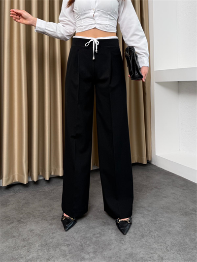 Saten Garnili Yandan Fermuarlı Kumaş Pantalon Siyah