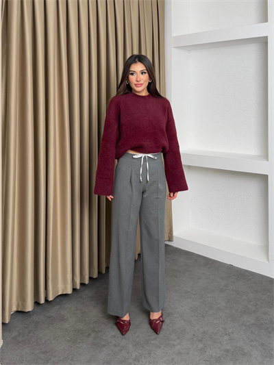 Saten Garnili Yandan Fermuarlı Kumaş Pantalon Gri