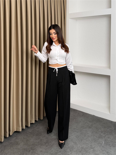 Saten Garnili Yandan Fermuarlı Kumaş Pantalon Siyah