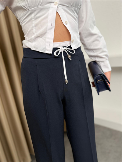 Saten Garnili Yandan Fermuarlı Kumaş Pantalon Lacivert