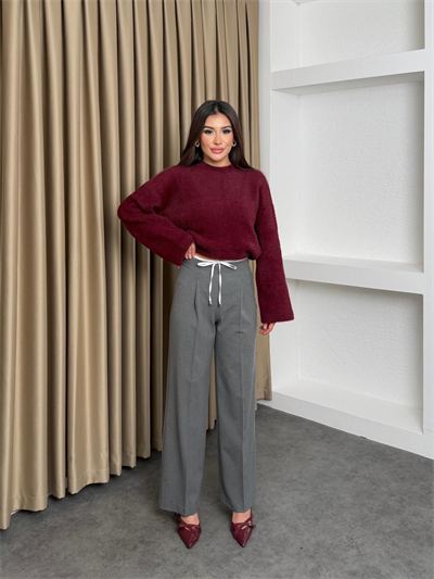 Saten Garnili Yandan Fermuarlı Kumaş Pantalon Gri