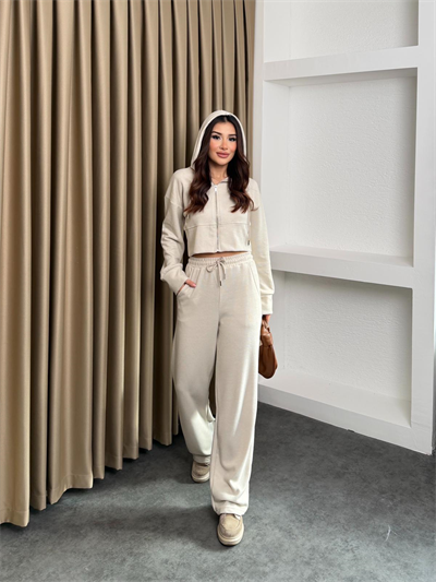 Selanik Kumaş Fermuarlı Kapüşonlu Hırkalı Pantolonlu İkili Takım Krem