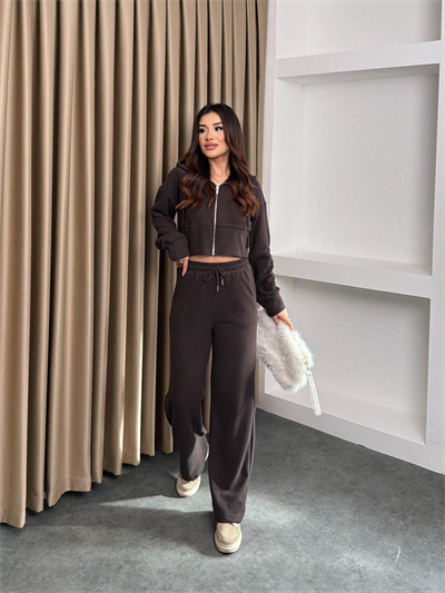 Selanik Kumaş Fermuarlı Kapüşonlu Hırkalı Pantolonlu İkili Takım Kahve