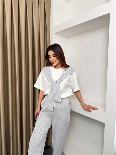 Suyolu Atkılı Modal Tişört ve Su Yolu Pantolonlu Takım Gri