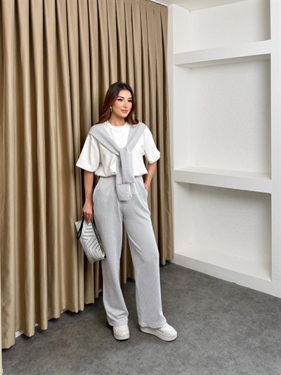 Suyolu Atkılı Modal Tişört ve Su Yolu Pantolonlu Takım Gri