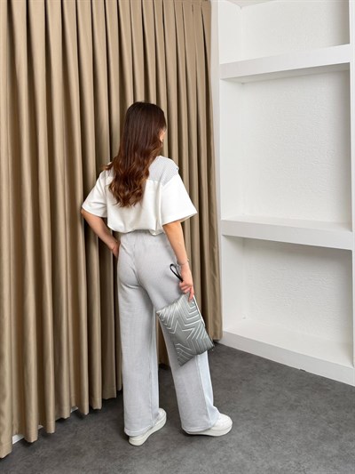 Suyolu Atkılı Modal Tişört ve Su Yolu Pantolonlu Takım Gri