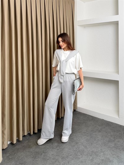 Suyolu Atkılı Modal Tişört ve Su Yolu Pantolonlu Takım Gri