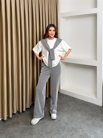 Suyolu Atkılı Modal Tişört ve Su Yolu Pantolonlu Takım Siyah