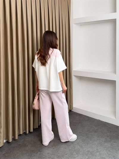 Suyolu Atkılı Modal Tişört ve Su Yolu Pantolonlu Takım Pembe