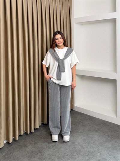 Suyolu Atkılı Modal Tişört ve Su Yolu Pantolonlu Takım Siyah