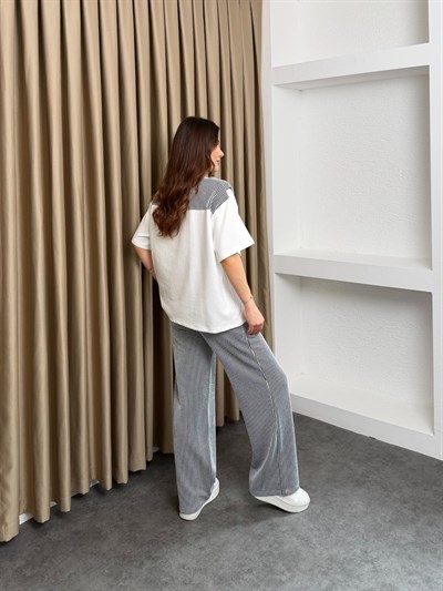 Suyolu Atkılı Modal Tişört ve Su Yolu Pantolonlu Takım Siyah