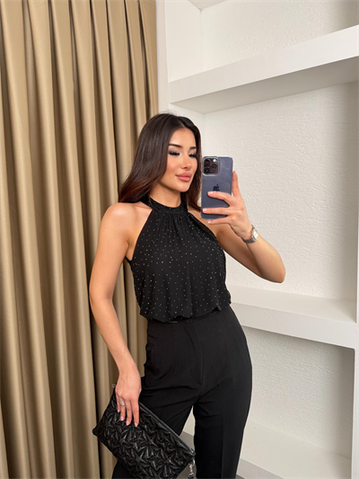 Taş Detaylı Halter Yaka Bluz Siyah