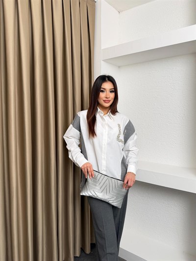 Triko Mixli Taşlı Gömlek Beyaz