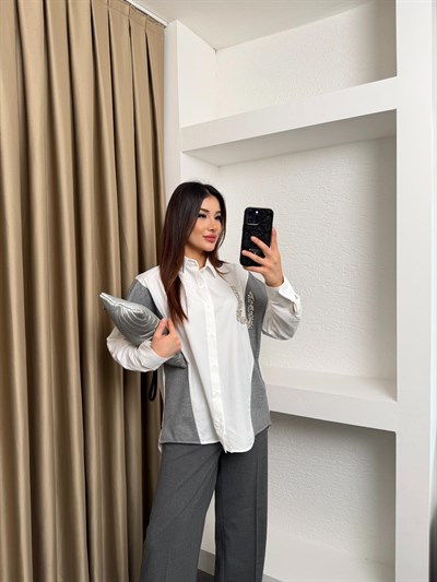 Triko Mixli Taşlı Gömlek Beyaz