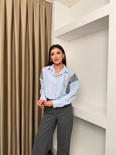 Triko Mixli Taşlı Gömlek Mavi