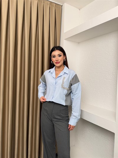 Triko Mixli Taşlı Gömlek Mavi