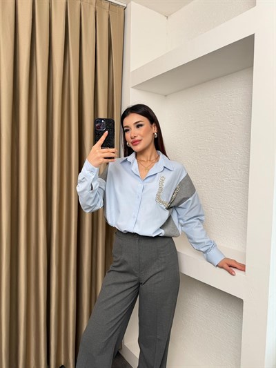 Triko Mixli Taşlı Gömlek Mavi